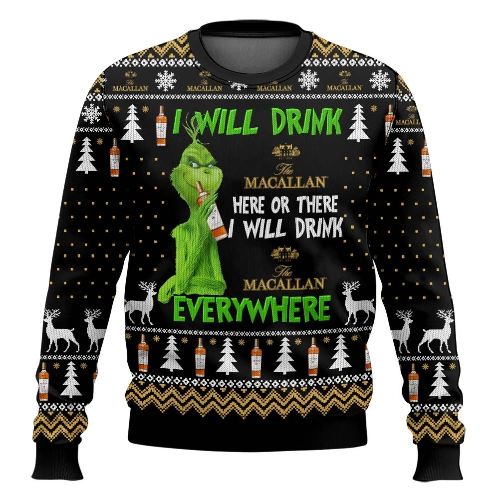 Grinch I Will Drink Macallan Everywhere Christmas Ugly Sweater