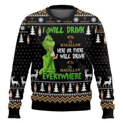 Grinch I Will Drink Macallan Everywhere Christmas Ugly Sweater