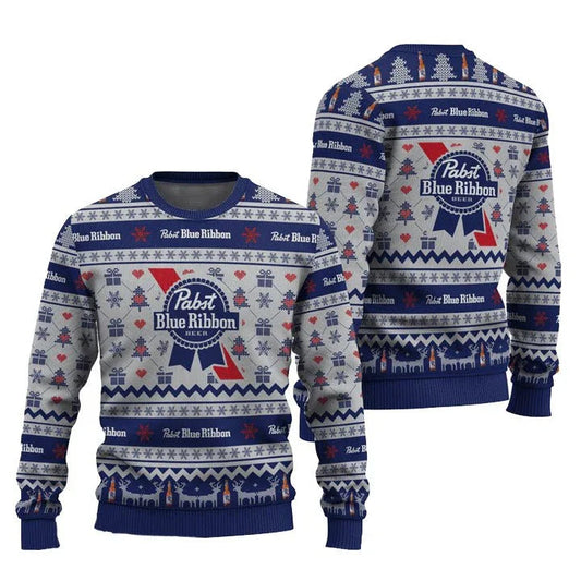 Pabst Blue Ribbon Snowing Christmas Ugly Sweater
